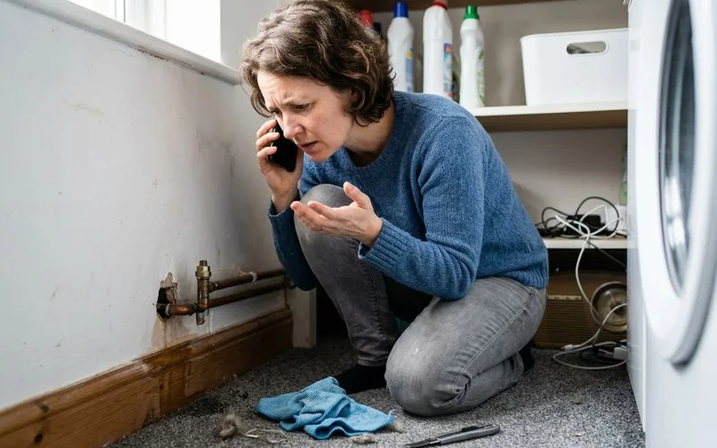 Homeowner looking concerned at a small hole in the wall near pipework, phone in hand