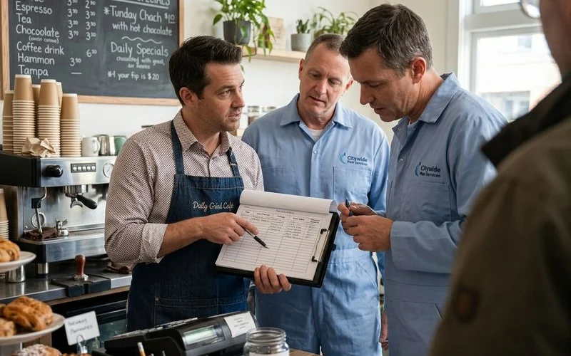 Restaurant manager reviewing pest control records with a technician