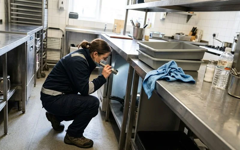 Technician checking behind commercial kitchen equipment in a small Surbiton cafe
