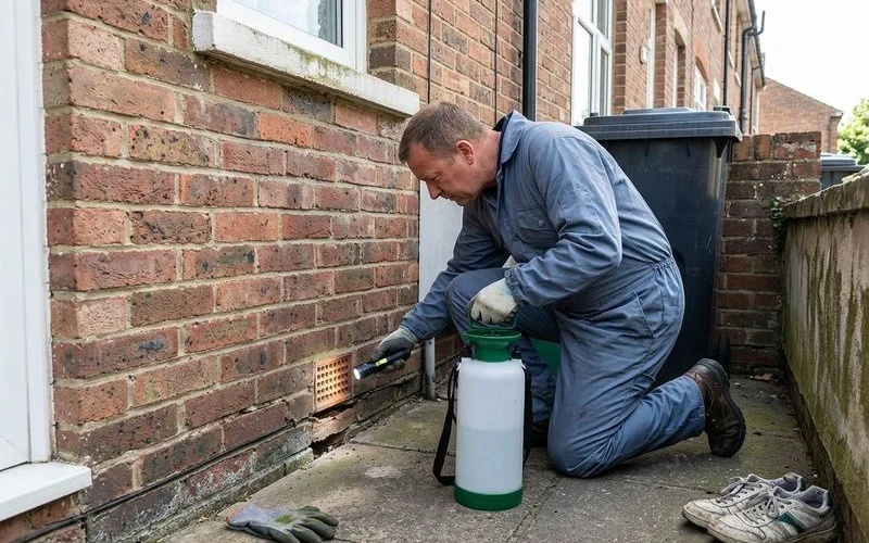 Technician inspecting an air brick and exterior wall gap on a UK terraced house