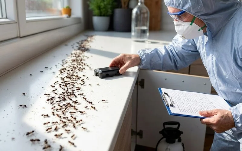 Technician placing a monitoring station behind a kitchen cupboard