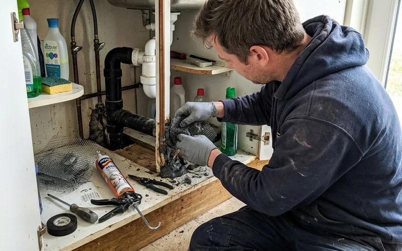 Technician sealing a gap around a pipe with mesh and sealant