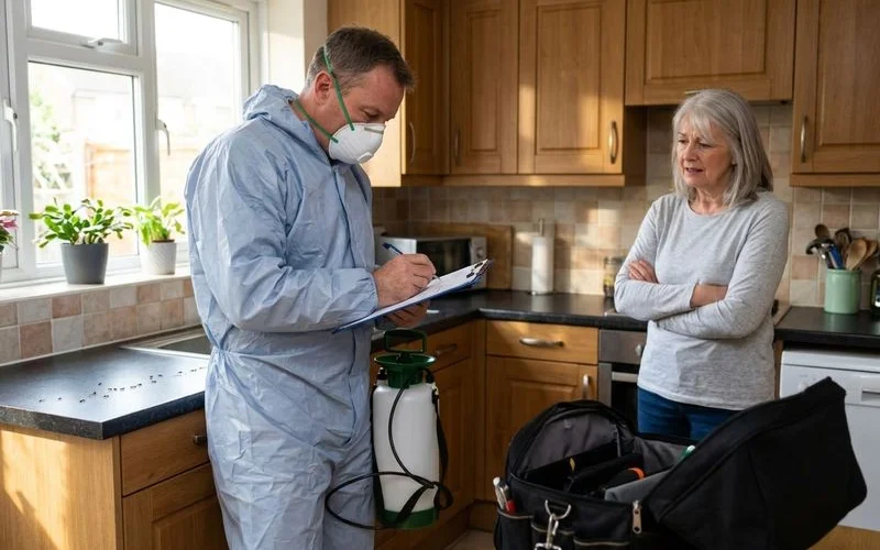 Technician writing up an inspection report with a client in a Surbiton kitchen