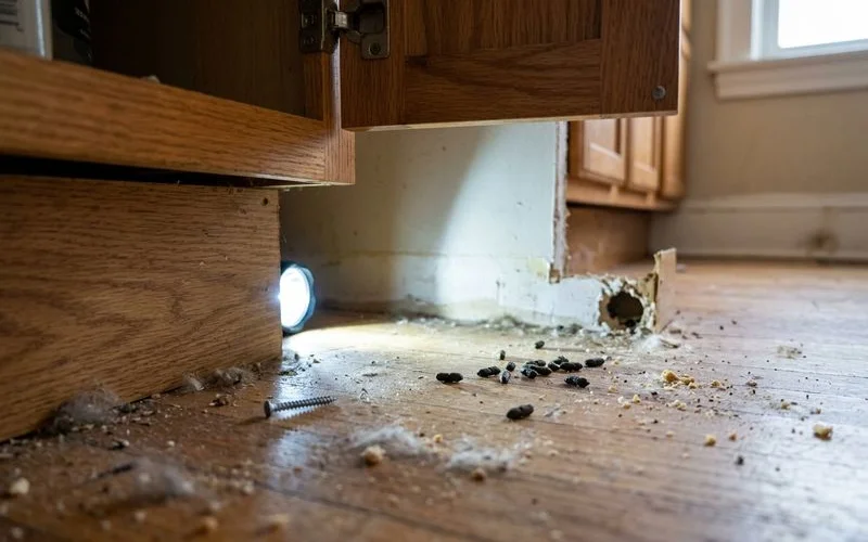 Torch light revealing mouse droppings behind a kitchen cupboard