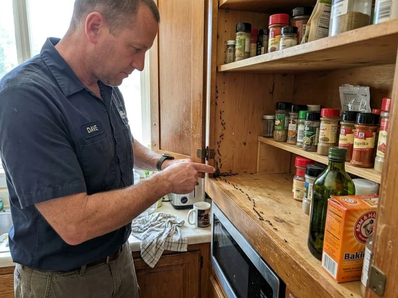 Ant trail into a kitchen cupboard with technician identifying the entry point
