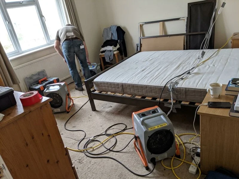 Bed bug heat treatment equipment set up in a Surbiton bedroom