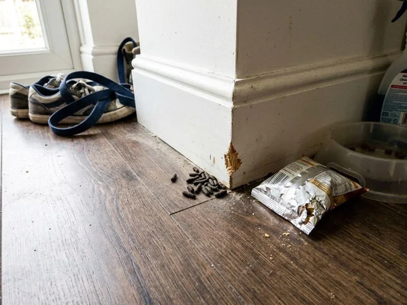 Rat droppings and gnaw marks along a kitchen skirting board in a Surbiton home