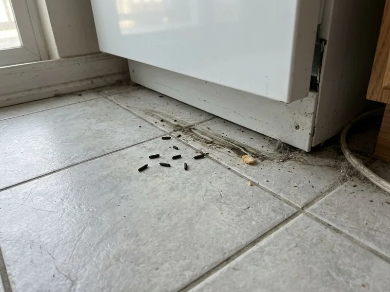 Mouse droppings and smear marks behind a kitchen appliance
