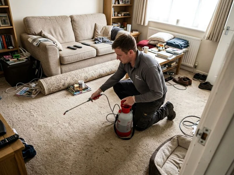 Flea treatment being applied to a living room carpet in a Surbiton home