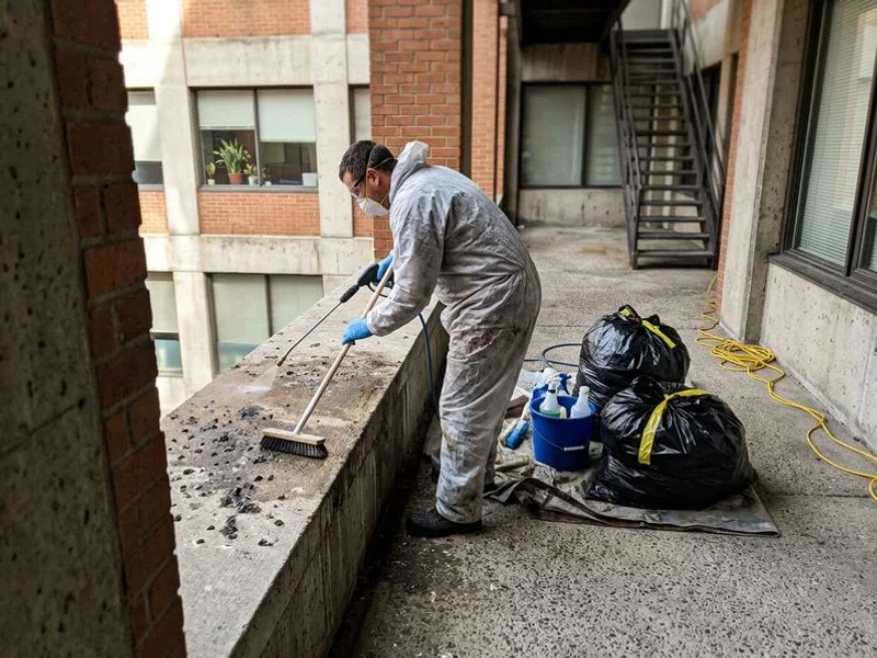 Specialist pigeon guano clean-up on a commercial ledge with correct PPE