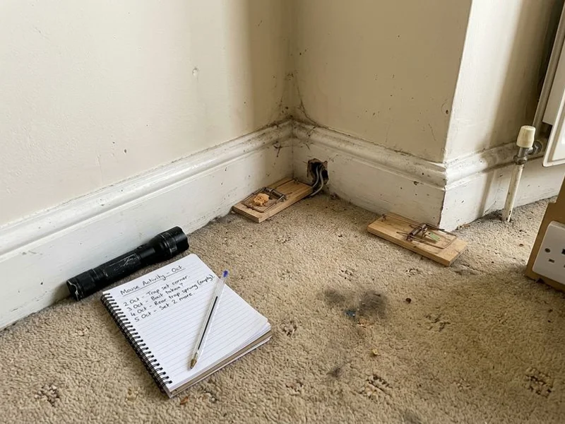 Snap traps placed along a suspected mouse run in a cavity wall