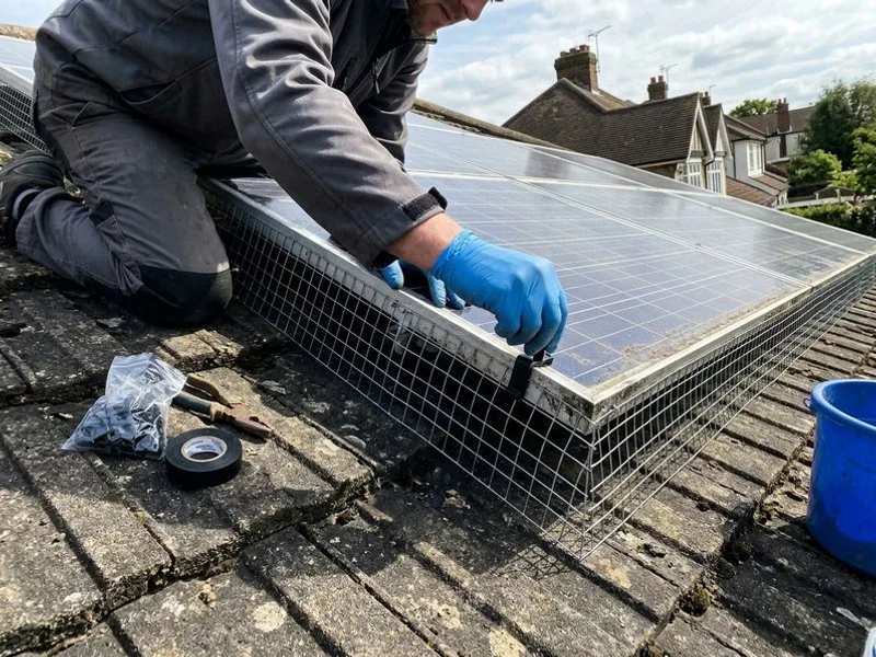 Solar panel bird proofing installation on a Surbiton house roof