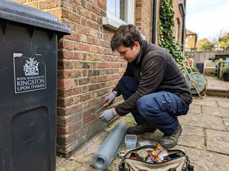Technician fitting galvanised wire mesh over an air brick on a Surbiton terraced house