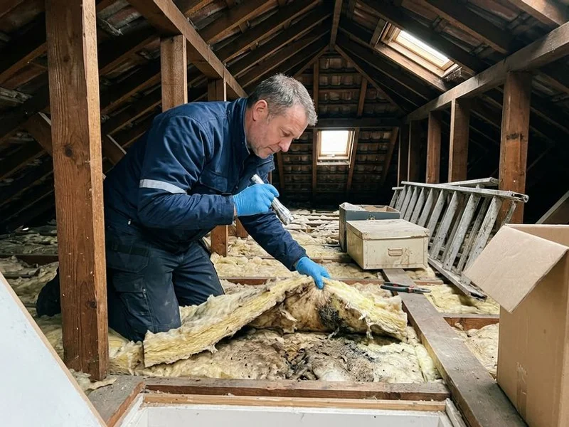 Technician inspecting loft insulation for rat activity in a Surbiton home