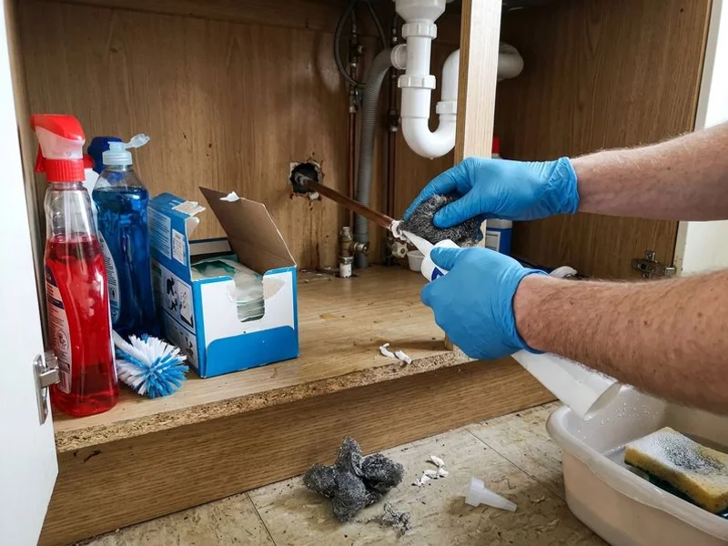 Technician sealing a pipe entry point with wire wool and sealant under a kitchen sink