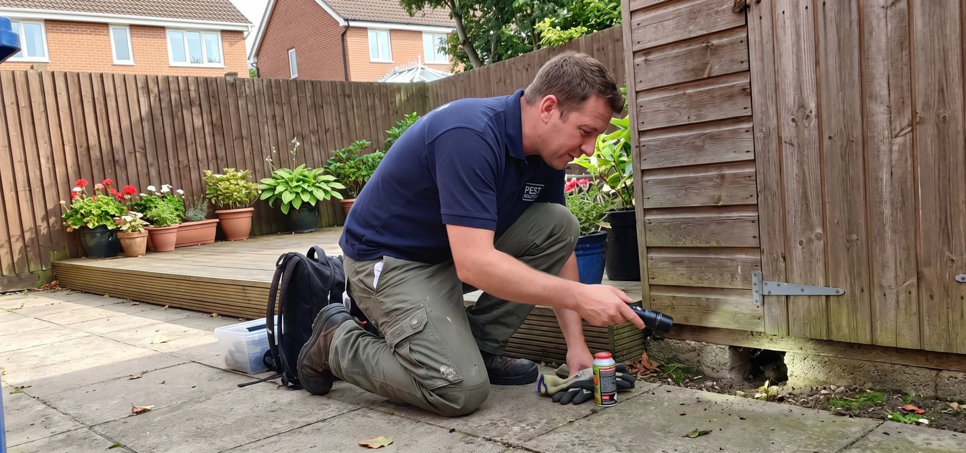 Pest control technician inspecting a suspected rat burrow near a garden shed in Surbiton, torch in hand