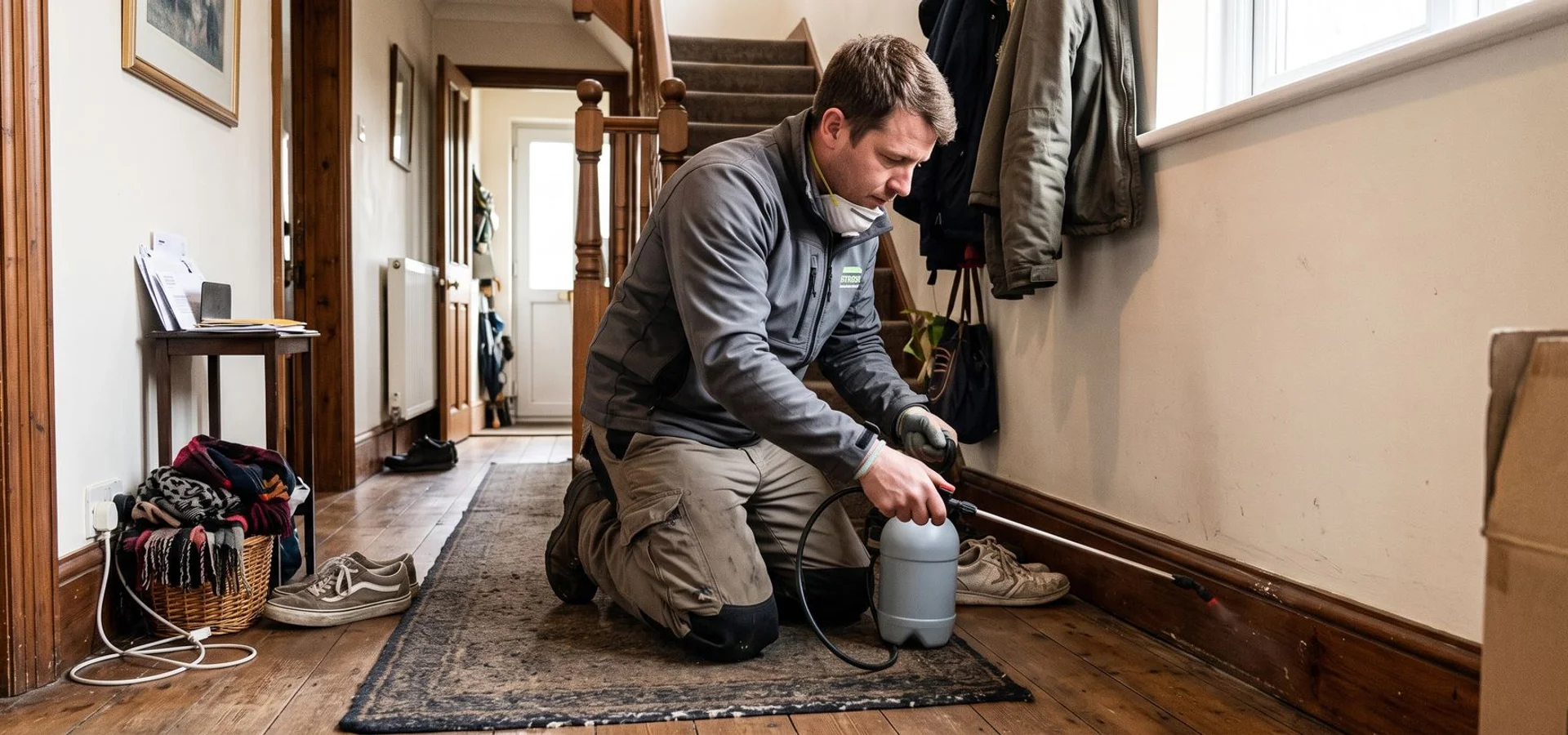 Technician applying a targeted residual insecticide treatment along skirting boards in a Surbiton home