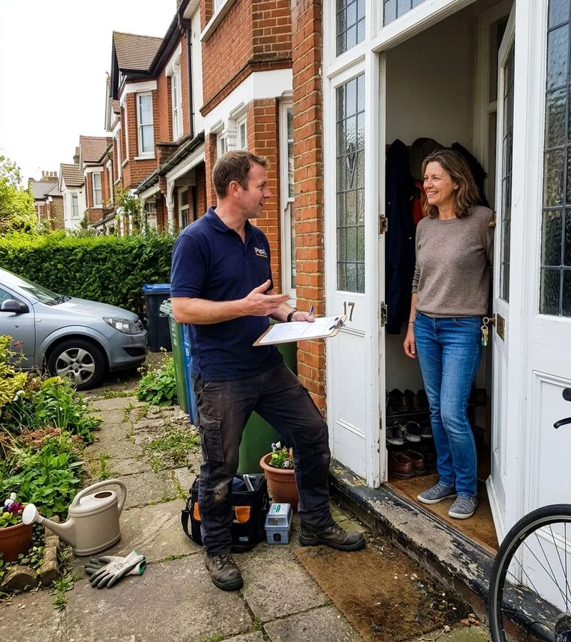 Local pest control technician talking with a Surbiton homeowner on the doorstep