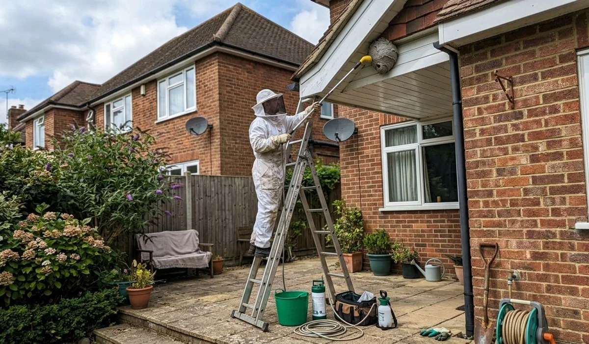 Technician in full protective suit treating a wasp nest at the roof eaves