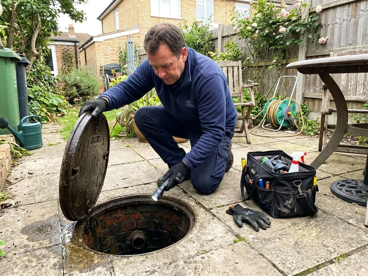 Technician inspecting drainage for rat activity in a Surbiton garden