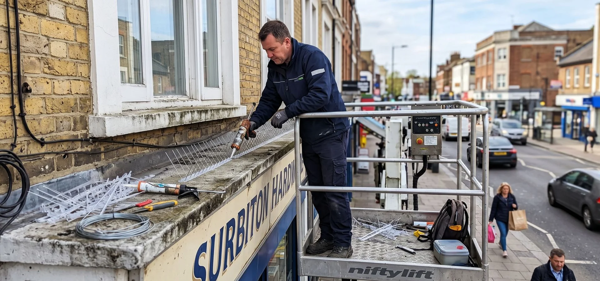 Technician installing anti-roosting spikes on a shop ledge in Surbiton